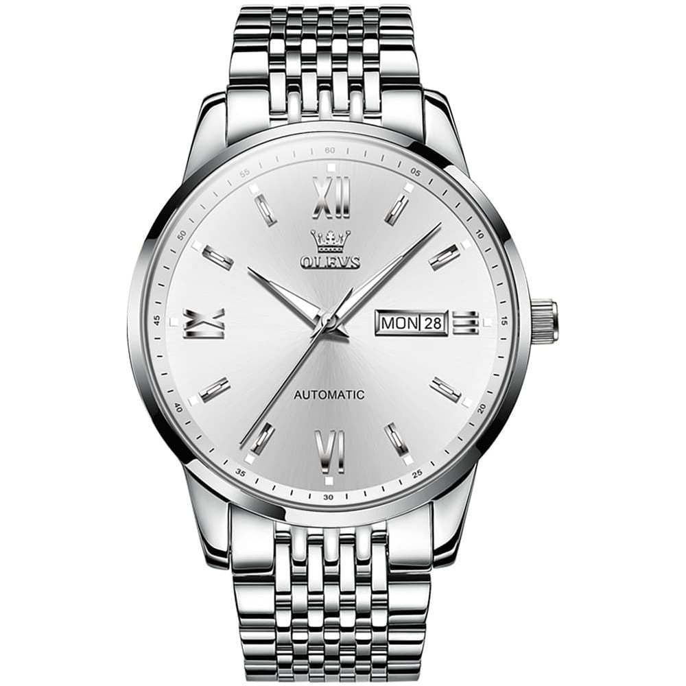 OLEVS 6777 Minimalist Day Date Mechanical Watch for Men - Silver White Watch | Olevs Watch Store