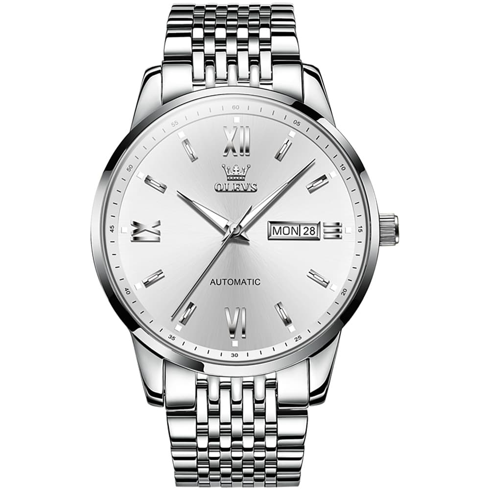 OLEVS 6777 Minimalist Day Date Mechanical Watch for Men - Silver White Watch | Olevs Watch Store