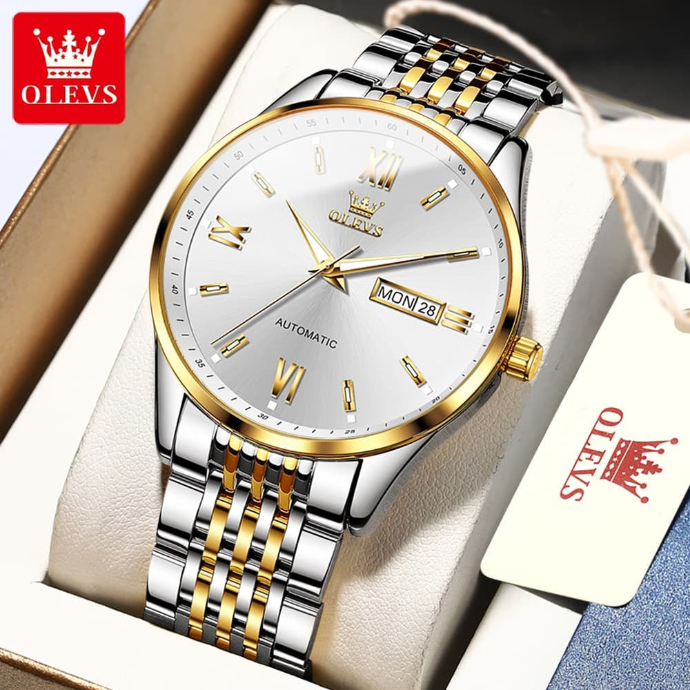 OLEVS 6777 Minimalist Day Date Mechanical Watch for Men - Two Tone White Watch | Olevs Watch Store