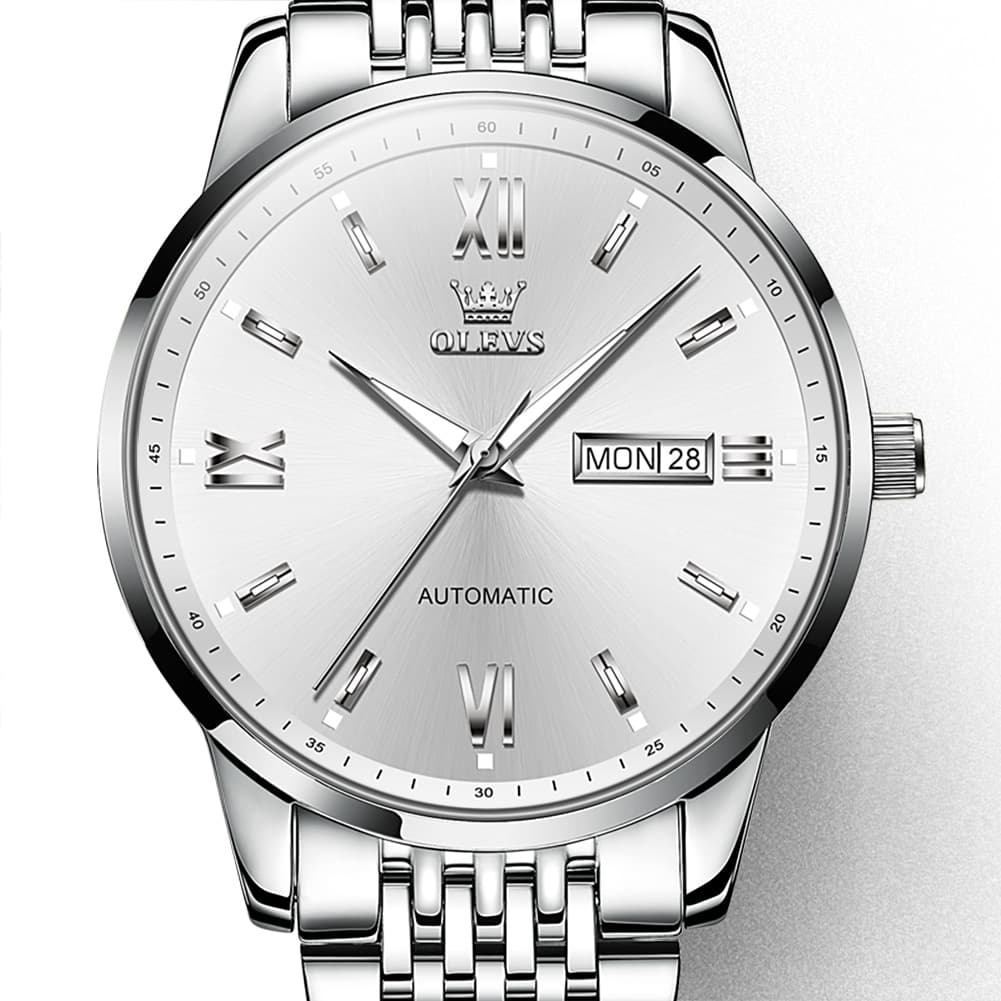 OLEVS 6777 Minimalist Day Date Mechanical Watch for Men - Two Tone White Watch | Olevs Watch Store