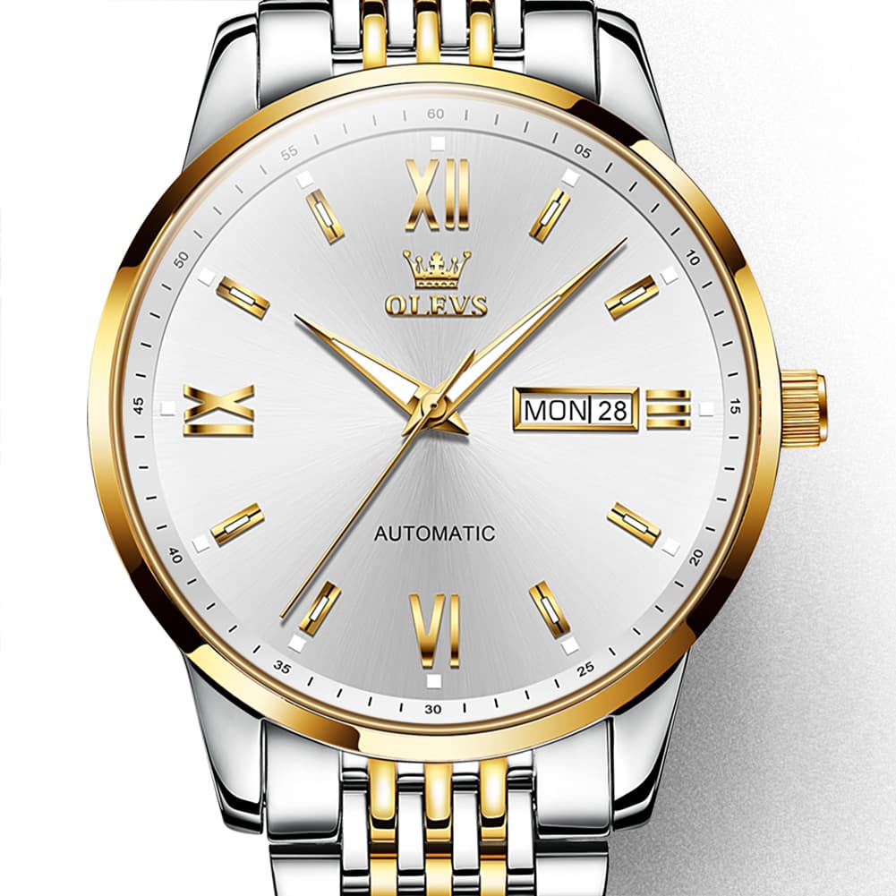 OLEVS 6777 Minimalist Day Date Mechanical Watch for Men - Two Tone White Watch | Olevs Watch Store