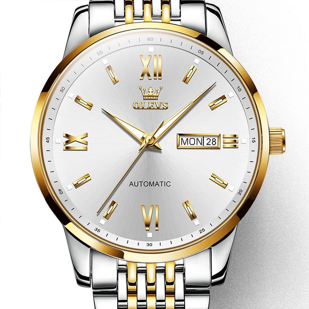 OLEVS 6777 Minimalist Day Date Mechanical Watch for Men - Two Tone White Watch | Olevs Watch Store