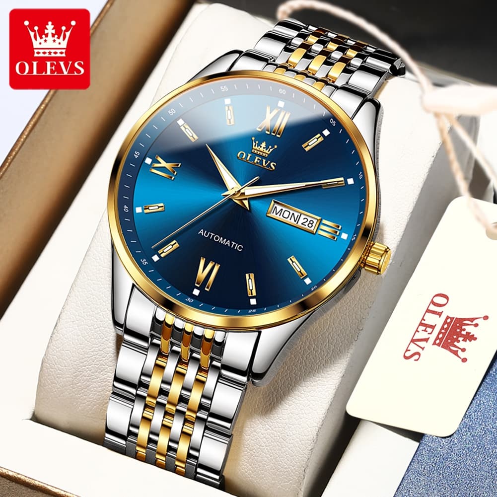OLEVS 6777 Minimalist Day Date Mechanical Watch for Men - Two Tone White Watch | Olevs Watch Store