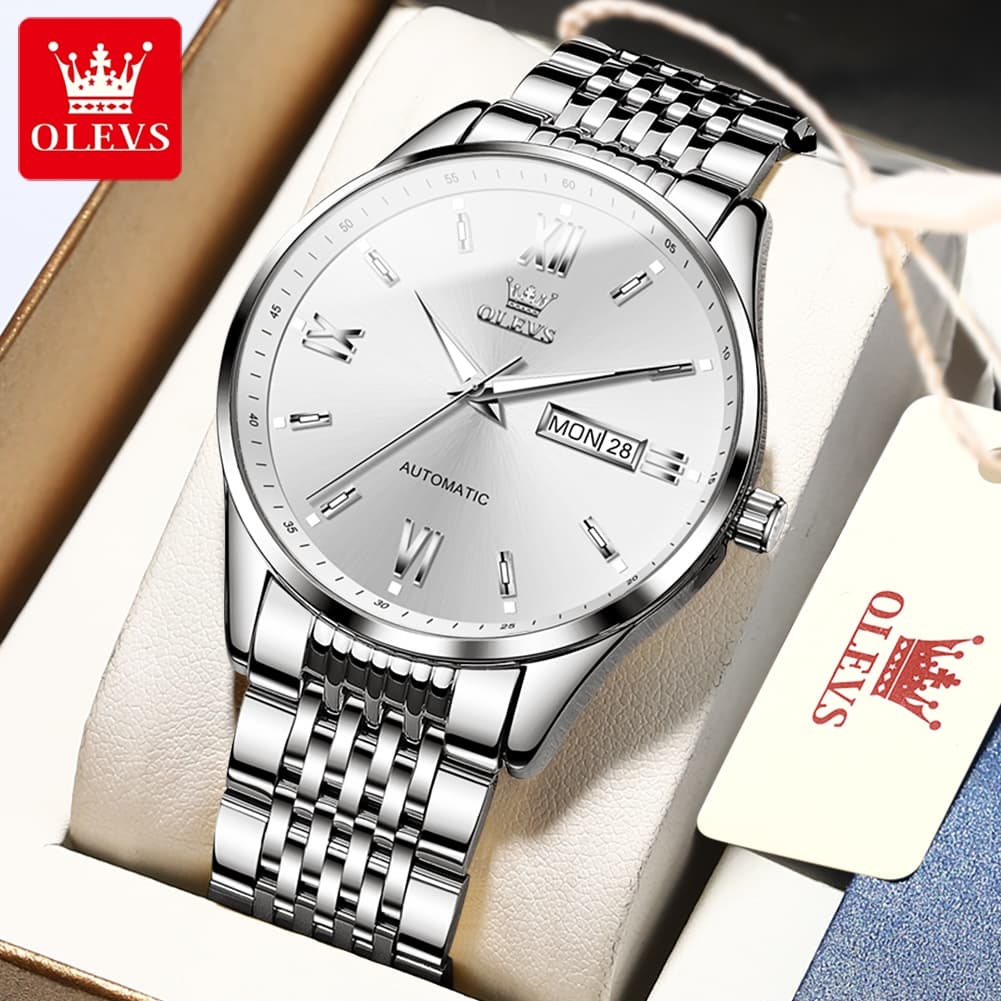 OLEVS 6777 Minimalist Day Date Mechanical Watch for Men - Two Tone White Watch | Olevs Watch Store