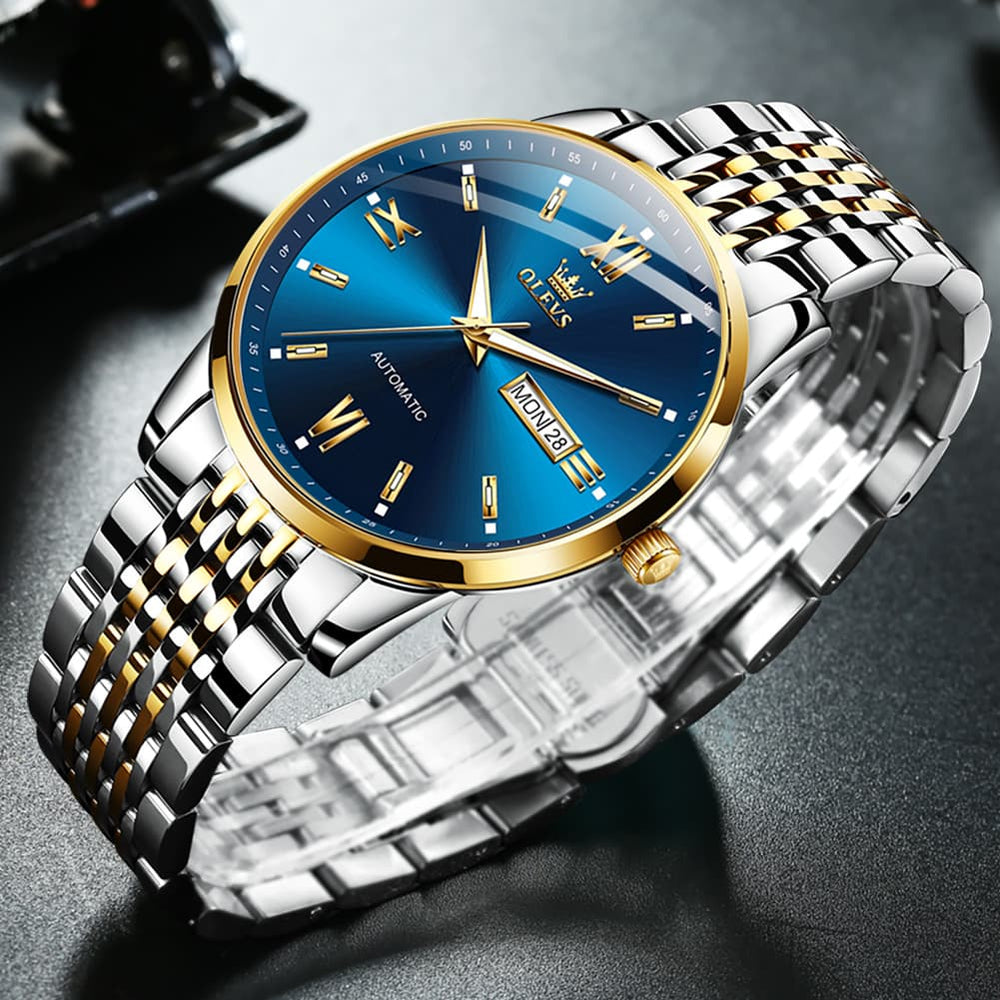 OLEVS 6777 Minimalist Day Date Mechanical Watch for Men - Two Tone White Watch | Olevs Watch Store