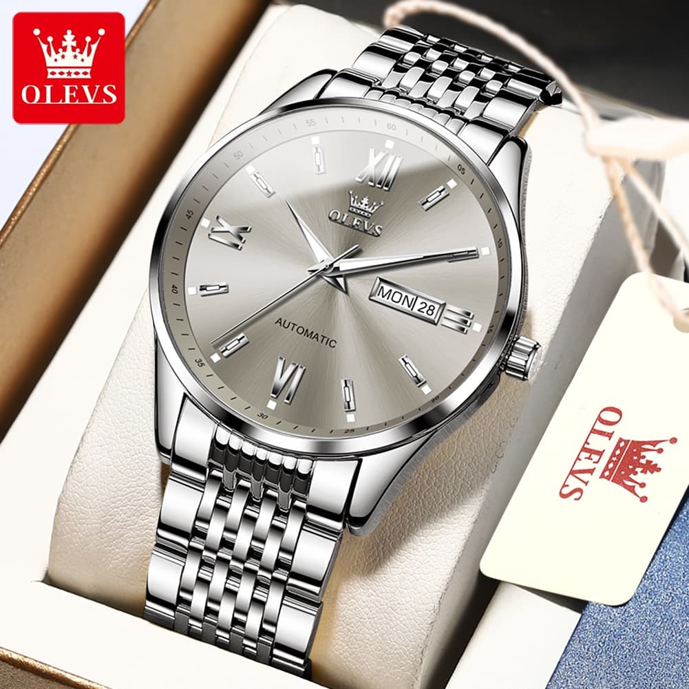 OLEVS 6777 Minimalist Day Date Mechanical Watch for Men - Two Tone White Watch | Olevs Watch Store