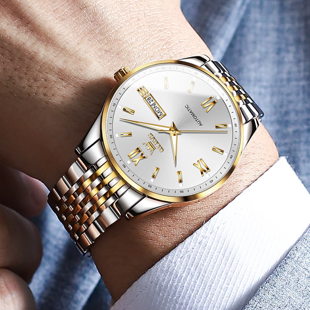 OLEVS 6777 Minimalist Day Date Mechanical Watch for Men - Two Tone White Watch | Olevs Watch Store