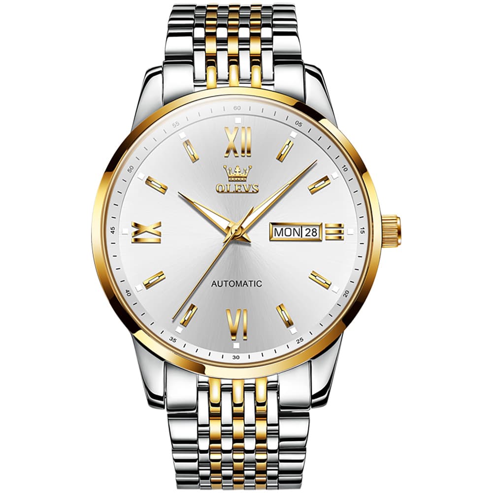 OLEVS 6777 Minimalist Day Date Mechanical Watch for Men - Two Tone White Watch | Olevs Watch Store