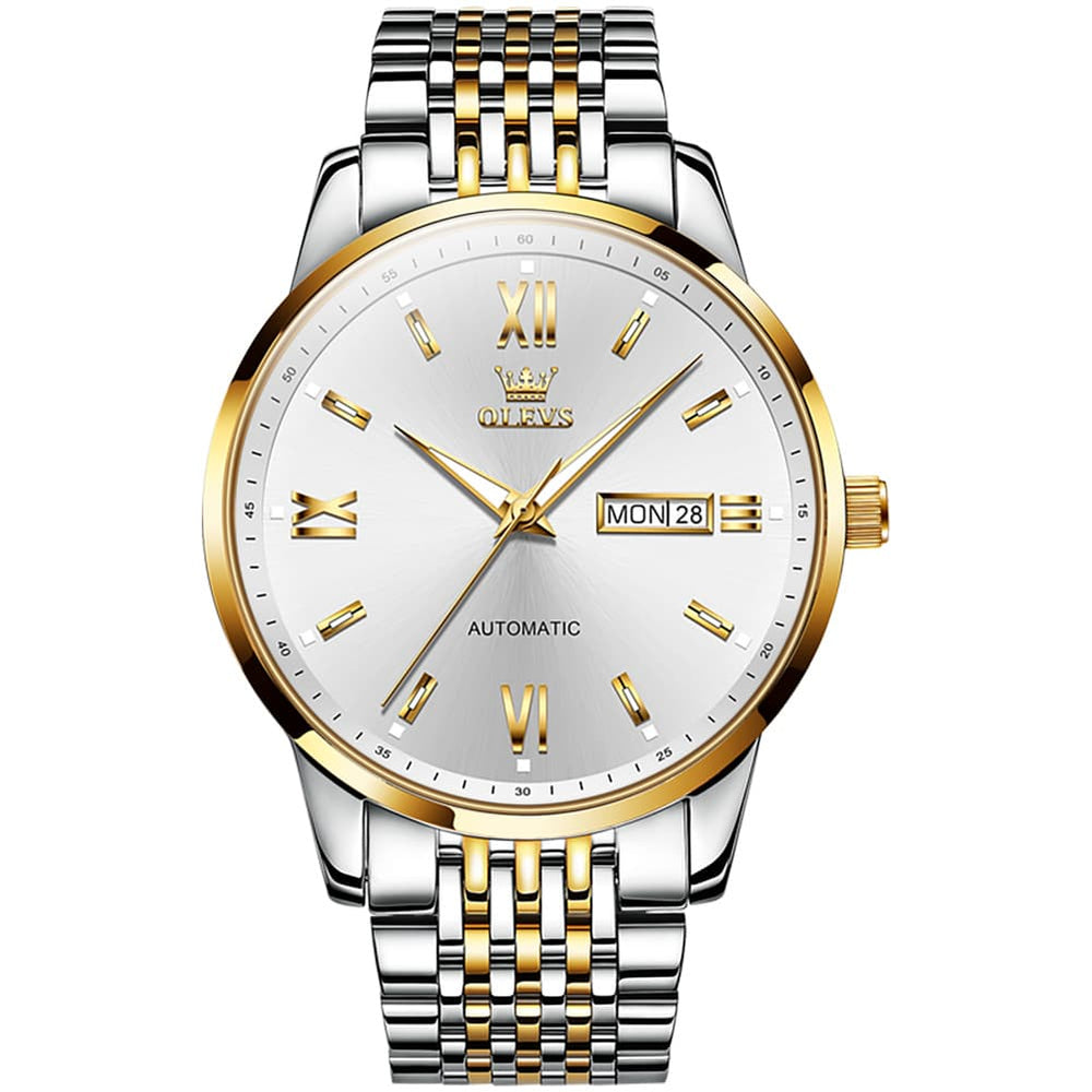 OLEVS 6777 Minimalist Day Date Mechanical Watch for Men - Two Tone White Watch | Olevs Watch Store