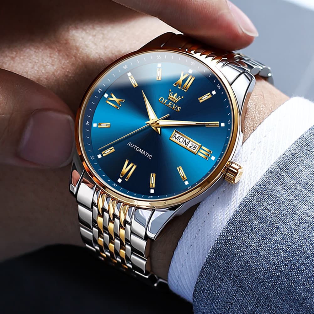 OLEVS 6777 Minimalist Day Date Mechanical Watch for Men - Two Tone White Watch | Olevs Watch Store