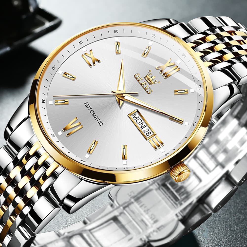OLEVS 6777 Minimalist Day Date Mechanical Watch for Men - Two Tone White Watch | Olevs Watch Store