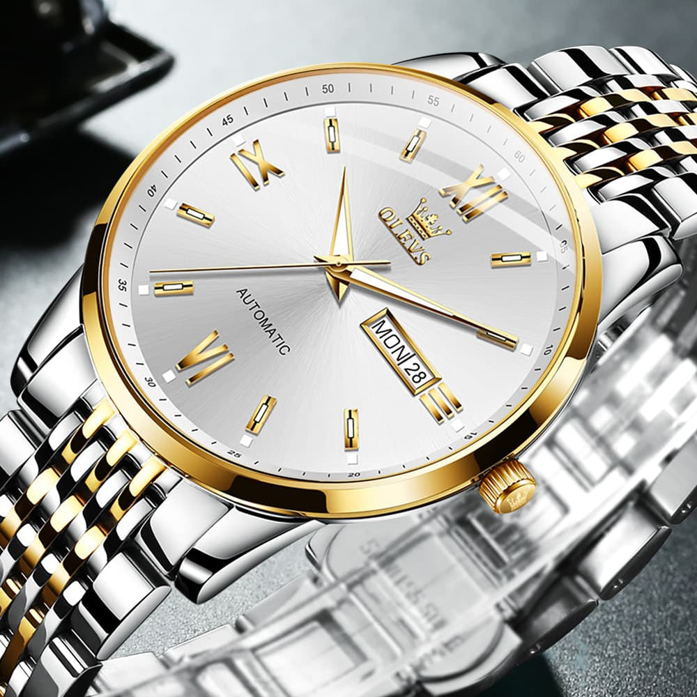 OLEVS 6777 Minimalist Day Date Mechanical Watch for Men - Two Tone White Watch | Olevs Watch Store