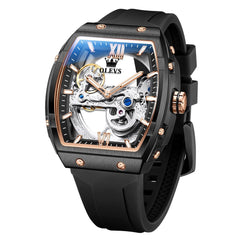 OLEVS 6779 Tonneau Skeleton Mechanical Watch for Men - Black Shell Rose Gold Black Watch | Olevs Watch Store