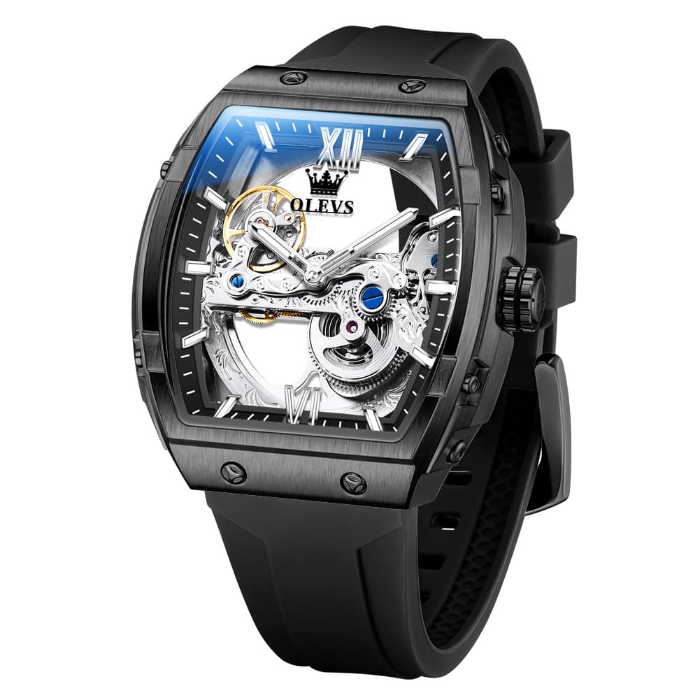 OLEVS 6779 Tonneau Skeleton Mechanical Watch for Men - Black Shell Silver Black Watch | Olevs Watch Store