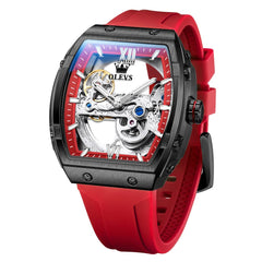 OLEVS 6779 Tonneau Skeleton Mechanical Watch for Men - Red Shell Red Watch | Olevs Watch Store