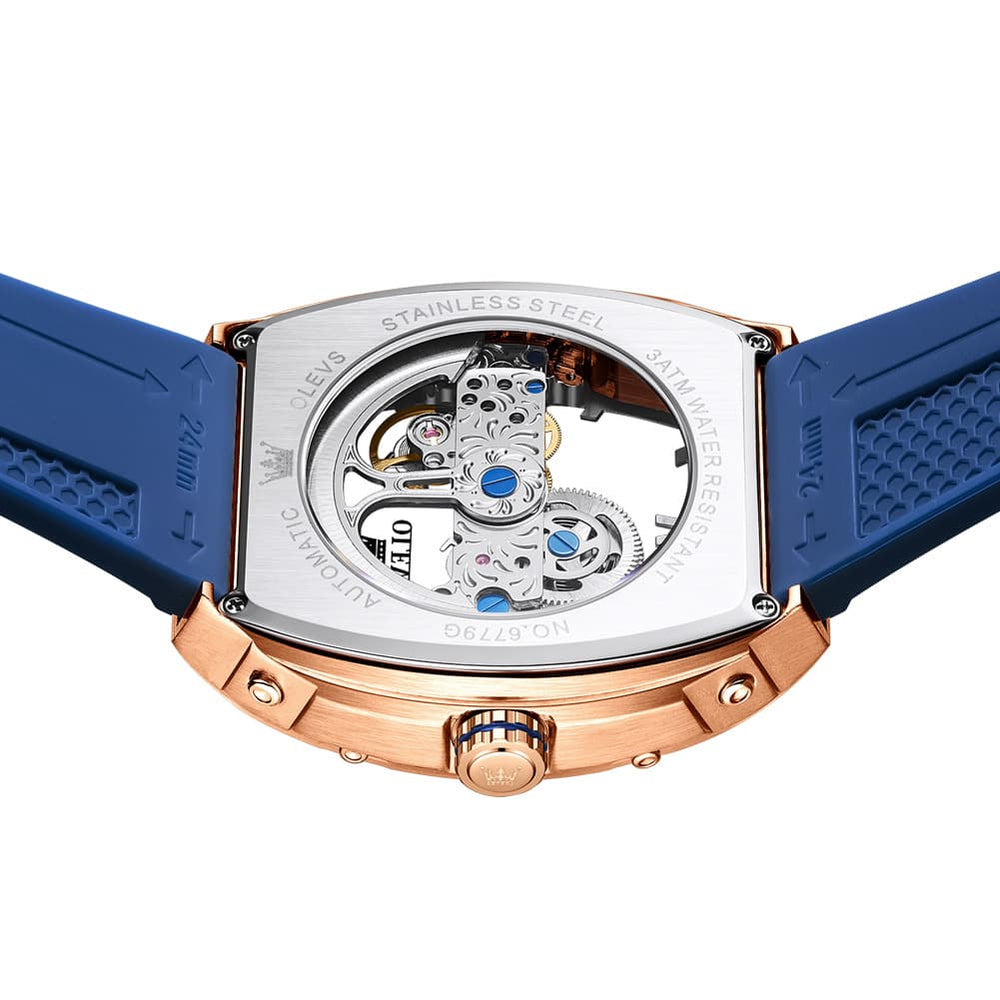OLEVS 6779 Tonneau Skeleton Mechanical Watch for Men - Rose Gold Blue Watch | Olevs Watch Store