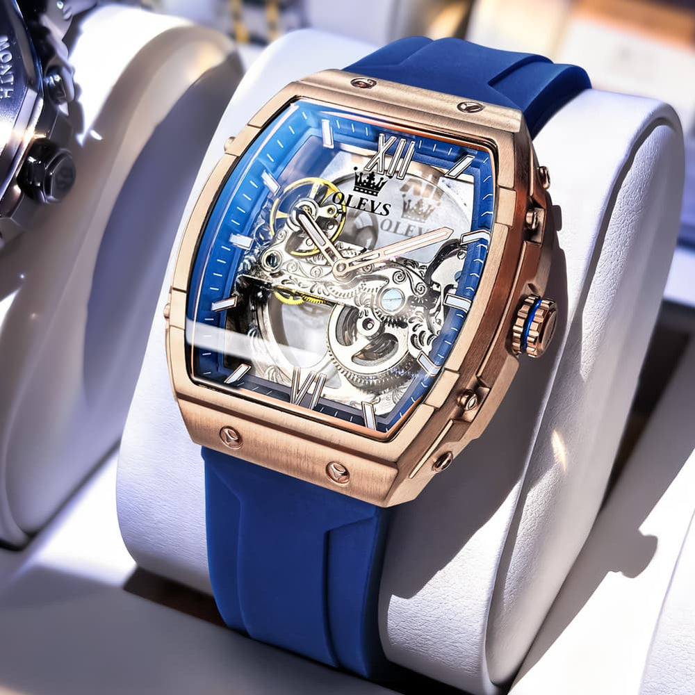 OLEVS 6779 Tonneau Skeleton Mechanical Watch for Men - Rose Gold Blue Watch | Olevs Watch Store