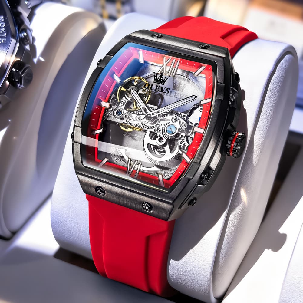 OLEVS 6779 Tonneau Skeleton Mechanical Watch for Men - Rose Gold Blue Watch | Olevs Watch Store