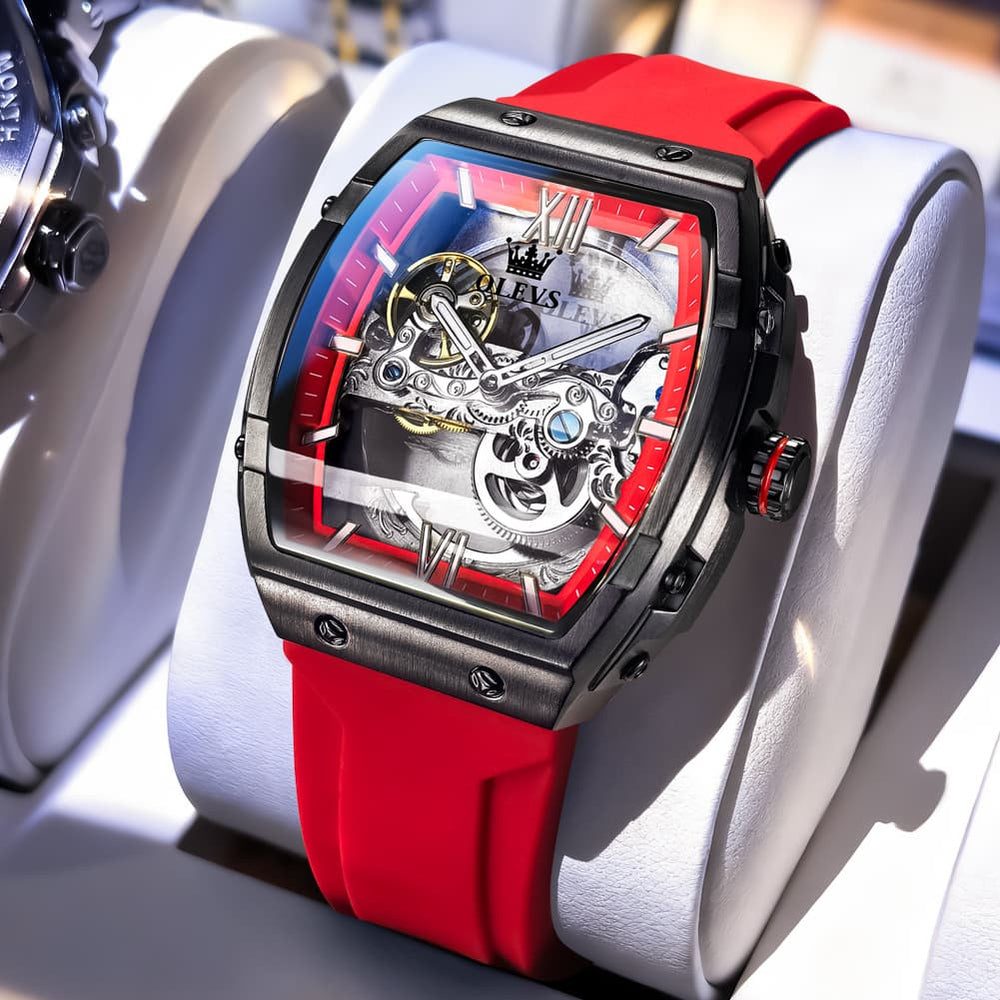 OLEVS 6779 Tonneau Skeleton Mechanical Watch for Men - Rose Gold Blue Watch | Olevs Watch Store