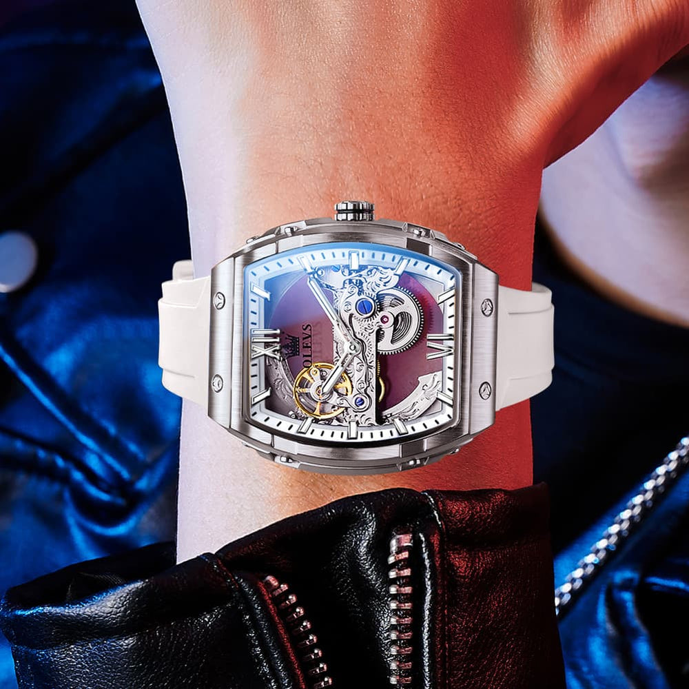 OLEVS 6779 Tonneau Skeleton Mechanical Watch for Men - Rose Gold Blue Watch | Olevs Watch Store