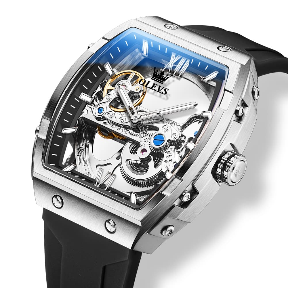 OLEVS 6779 Tonneau Skeleton Mechanical Watch for Men - Rose Gold Blue Watch | Olevs Watch Store