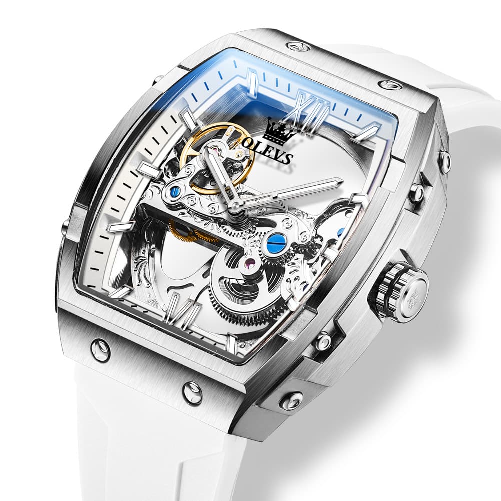 OLEVS 6779 Tonneau Skeleton Mechanical Watch for Men - Rose Gold Blue Watch | Olevs Watch Store