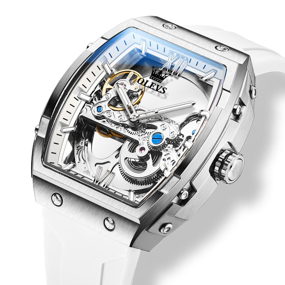 OLEVS 6779 Tonneau Skeleton Mechanical Watch for Men - Rose Gold Blue Watch | Olevs Watch Store