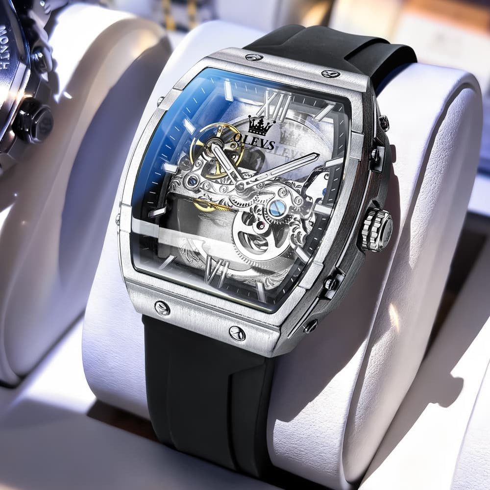 OLEVS 6779 Tonneau Skeleton Mechanical Watch for Men - Rose Gold Blue Watch | Olevs Watch Store