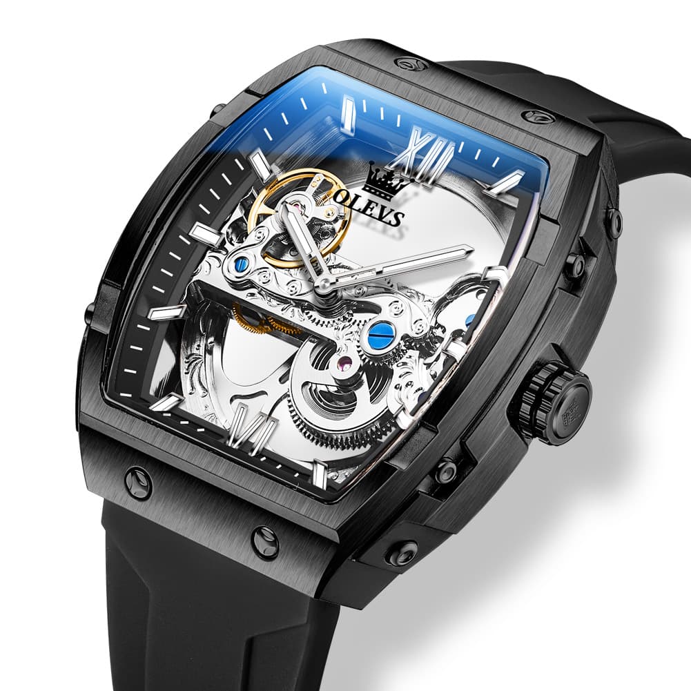 OLEVS 6779 Tonneau Skeleton Mechanical Watch for Men - Rose Gold Blue Watch | Olevs Watch Store