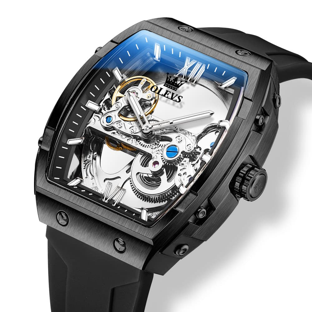 OLEVS 6779 Tonneau Skeleton Mechanical Watch for Men - Rose Gold Blue Watch | Olevs Watch Store