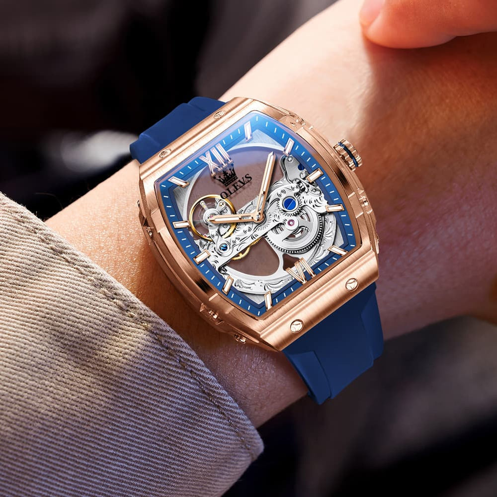 OLEVS 6779 Tonneau Skeleton Mechanical Watch for Men - Rose Gold Blue Watch | Olevs Watch Store
