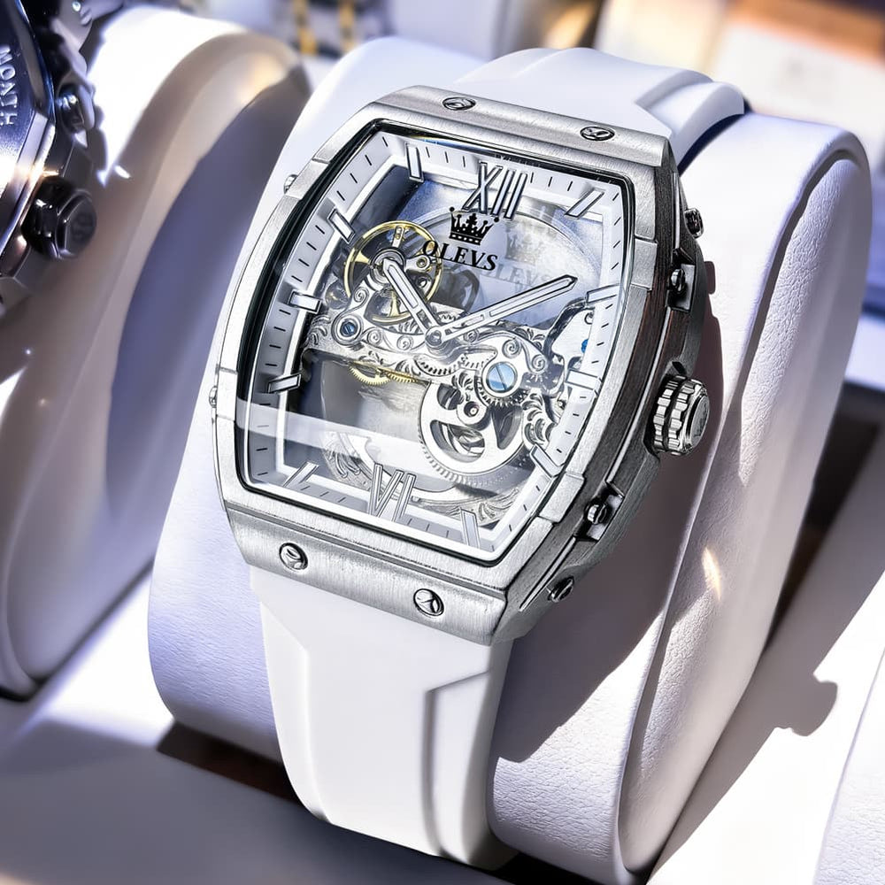 OLEVS 6779 Tonneau Skeleton Mechanical Watch for Men - Rose Gold Blue Watch | Olevs Watch Store
