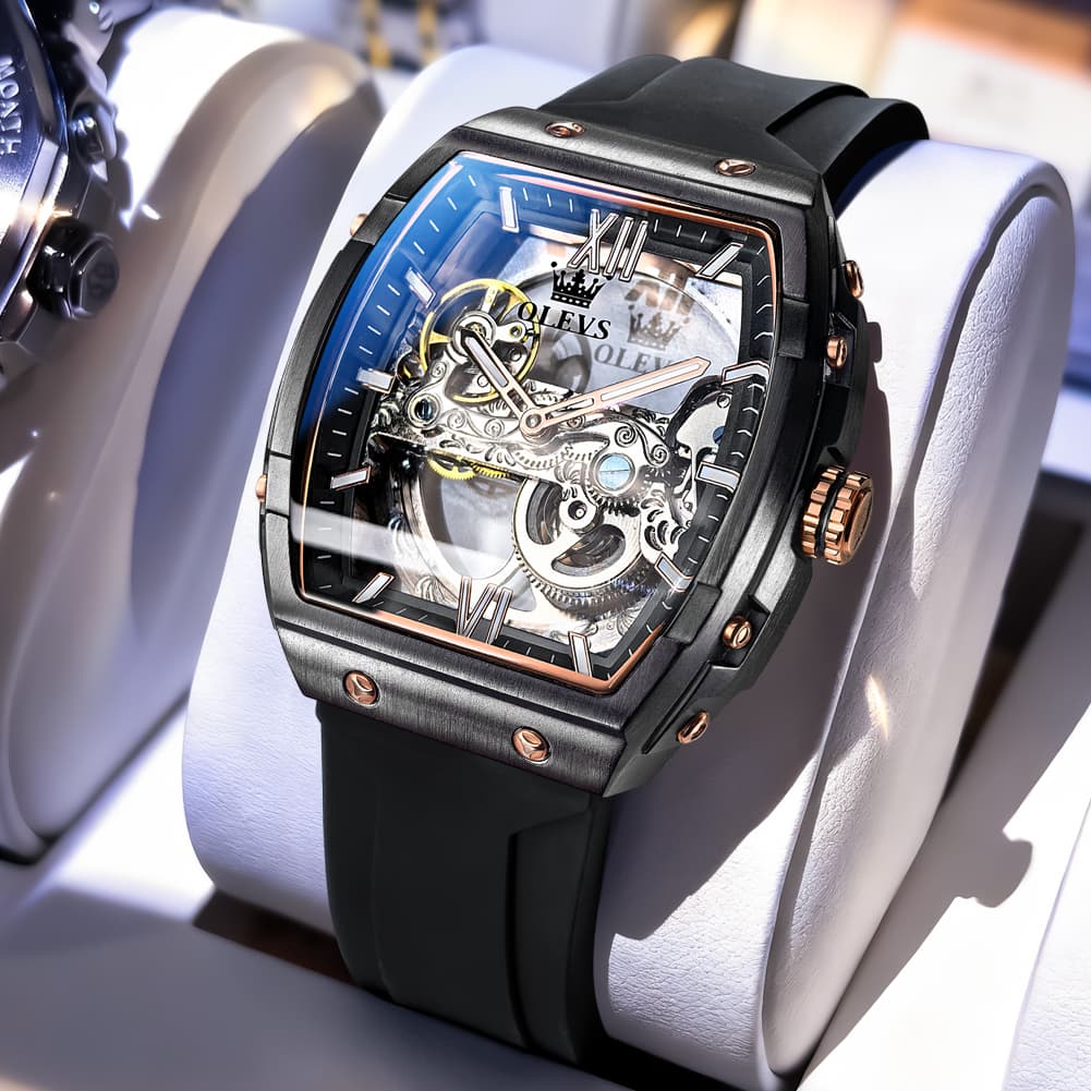 OLEVS 6779 Tonneau Skeleton Mechanical Watch for Men - Rose Gold Blue Watch | Olevs Watch Store