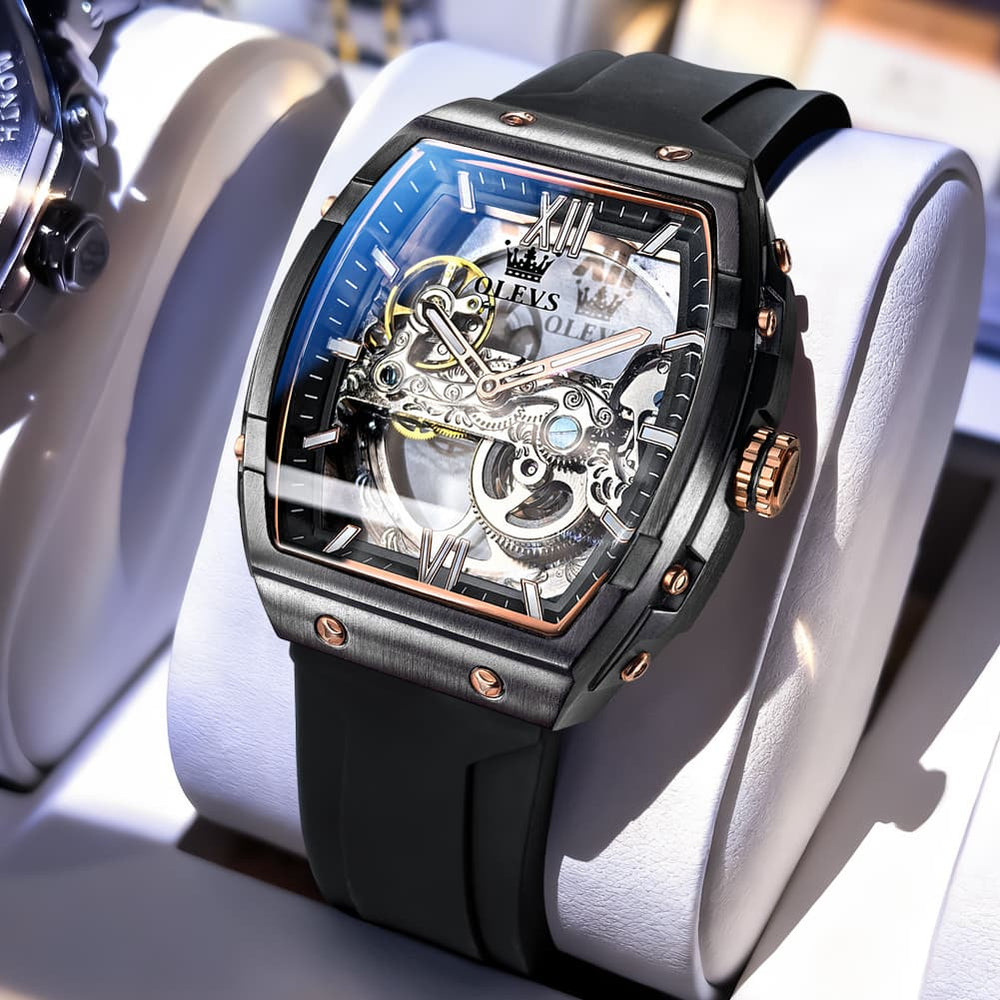 OLEVS 6779 Tonneau Skeleton Mechanical Watch for Men - Rose Gold Blue Watch | Olevs Watch Store