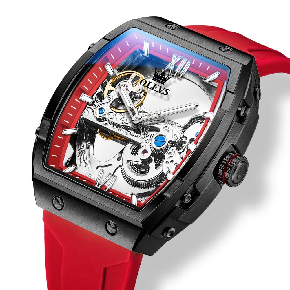 OLEVS 6779 Tonneau Skeleton Mechanical Watch for Men - Rose Gold Blue Watch | Olevs Watch Store