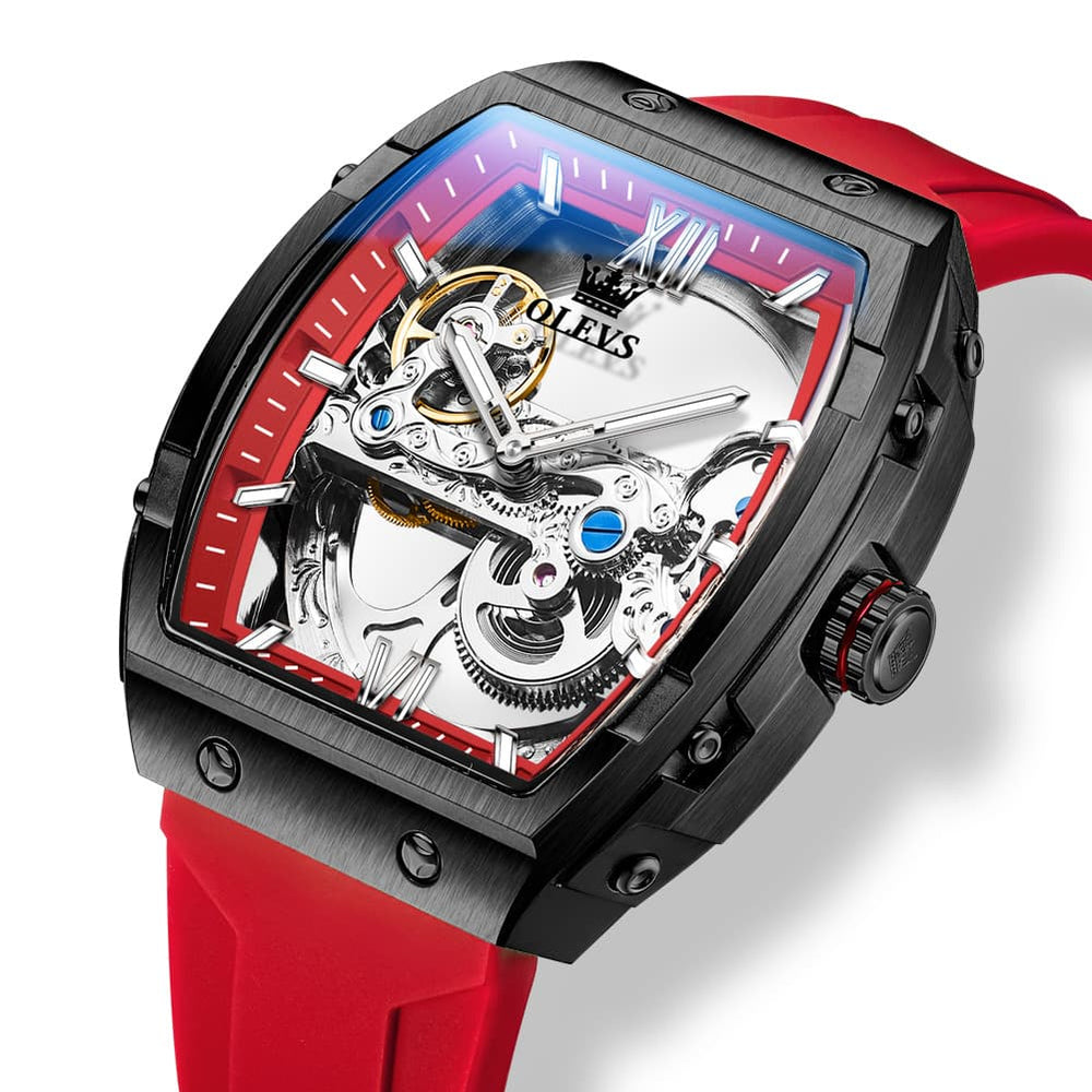 OLEVS 6779 Tonneau Skeleton Mechanical Watch for Men - Rose Gold Blue Watch | Olevs Watch Store