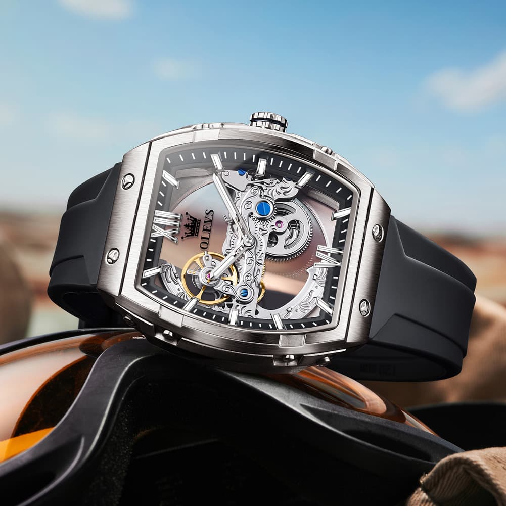 OLEVS 6779 Tonneau Skeleton Mechanical Watch for Men - Rose Gold Blue Watch | Olevs Watch Store