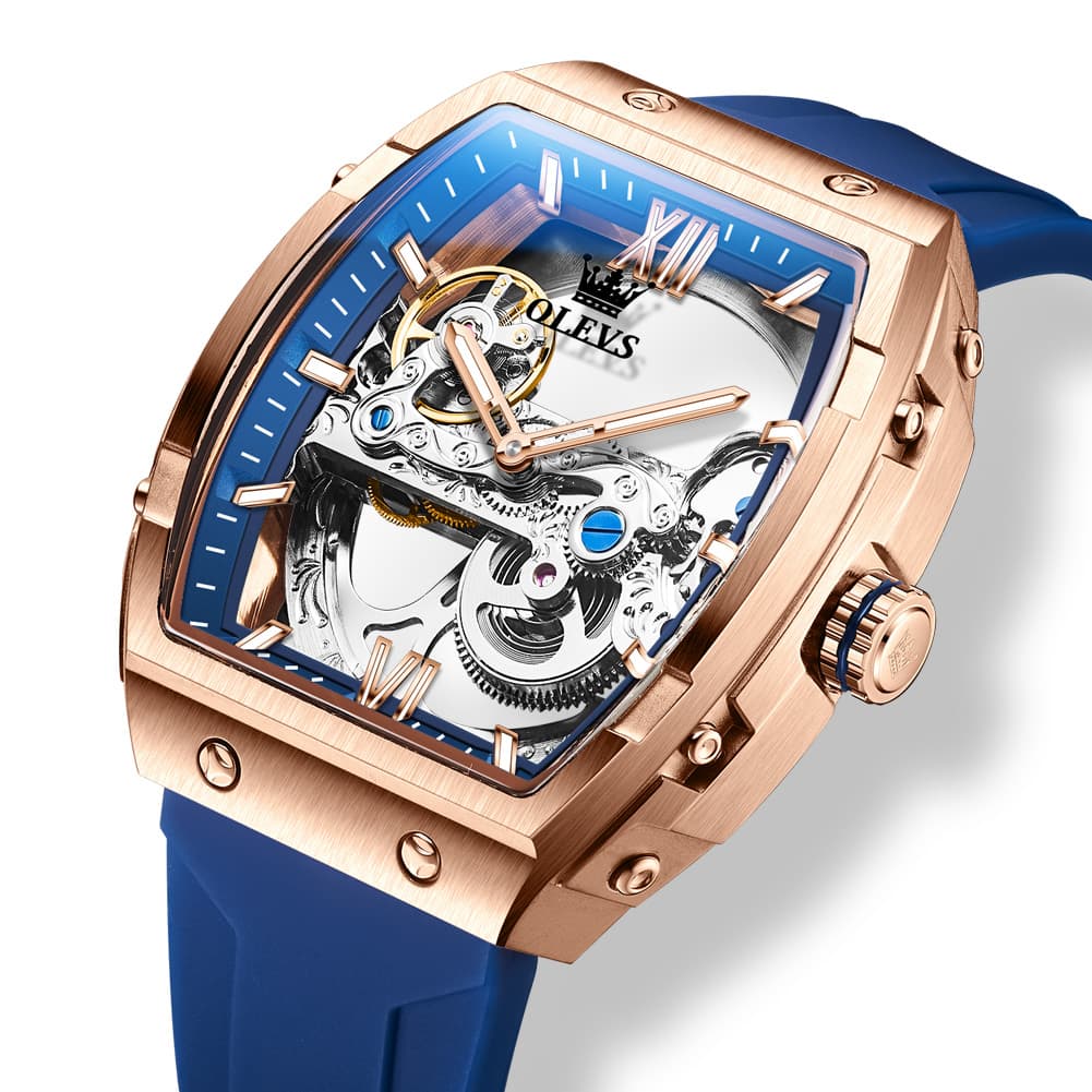 OLEVS 6779 Tonneau Skeleton Mechanical Watch for Men - Rose Gold Blue Watch | Olevs Watch Store