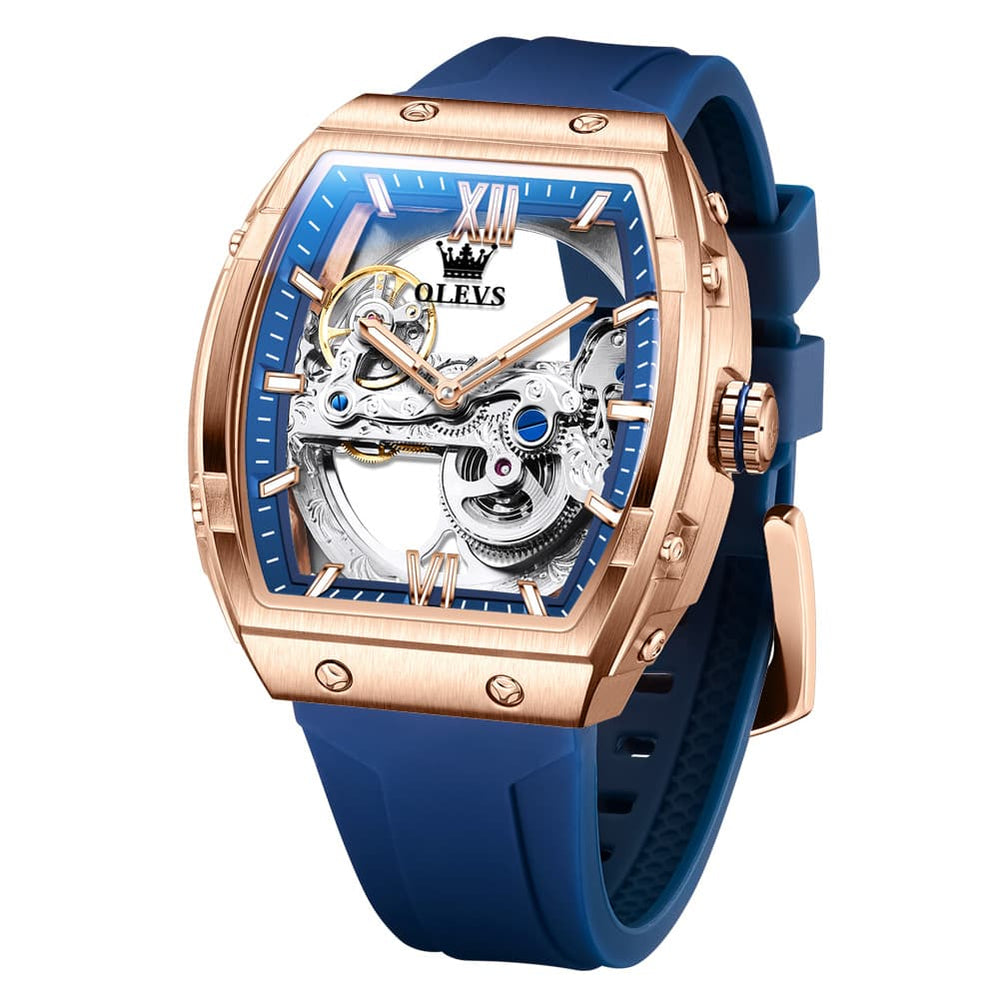 OLEVS 6779 Tonneau Skeleton Mechanical Watch for Men - Rose Gold Blue Watch | Olevs Watch Store