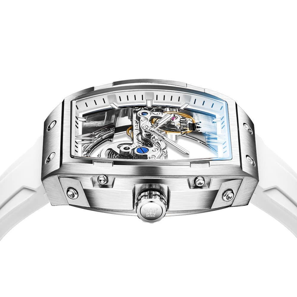OLEVS 6779 Tonneau Skeleton Mechanical Watch for Men - Rose Gold Blue Watch | Olevs Watch Store