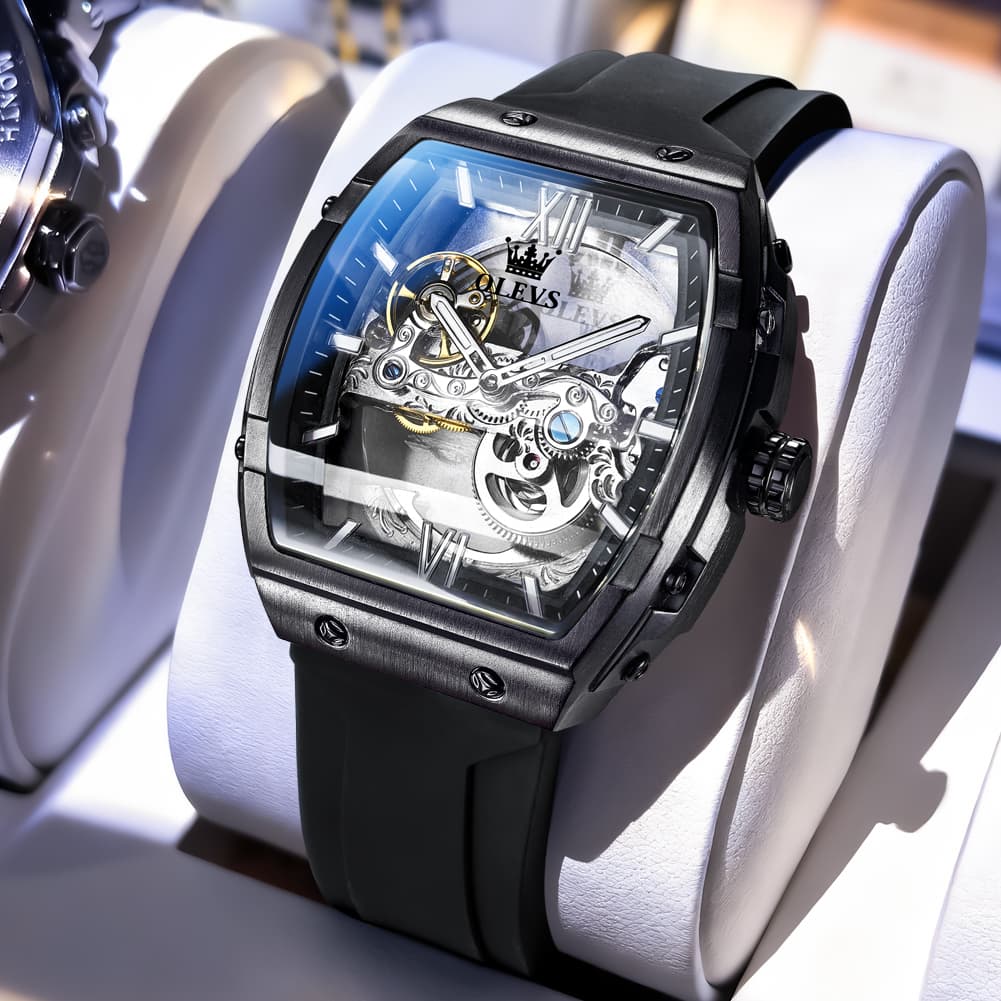OLEVS 6779 Tonneau Skeleton Mechanical Watch for Men - Rose Gold Blue Watch | Olevs Watch Store