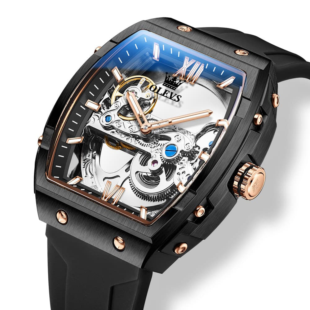 OLEVS 6779 Tonneau Skeleton Mechanical Watch for Men - Rose Gold Blue Watch | Olevs Watch Store