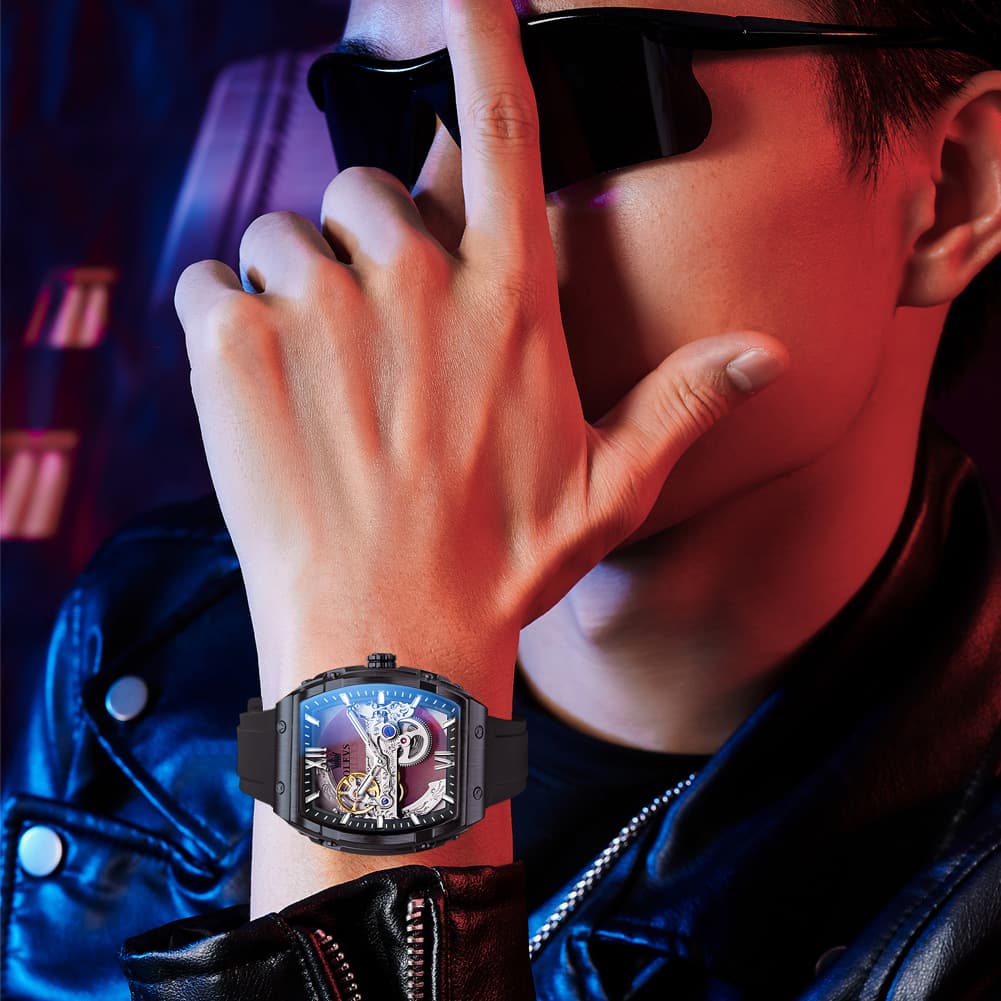 OLEVS 6779 Tonneau Skeleton Mechanical Watch for Men - Rose Gold Blue Watch | Olevs Watch Store