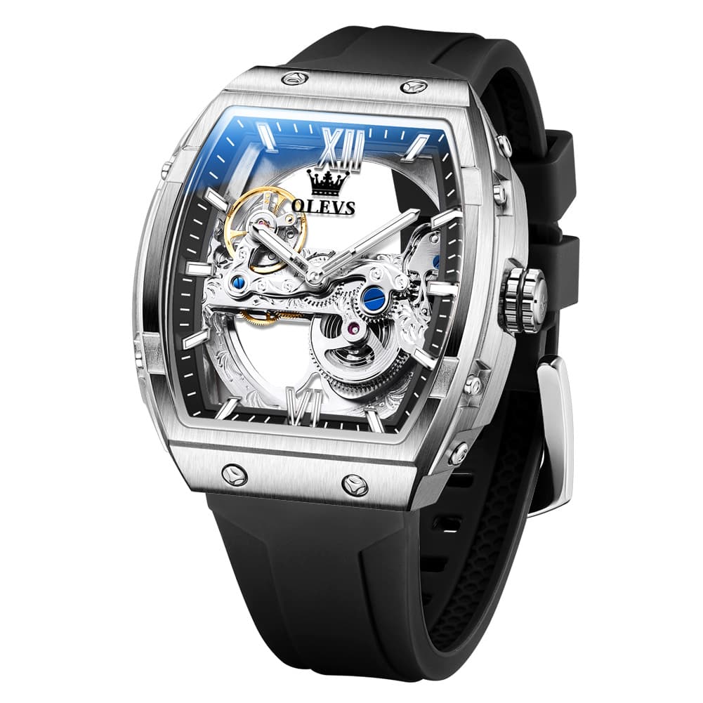 OLEVS 6779 Tonneau Skeleton Mechanical Watch for Men - Silver Black Watch | Olevs Watch Store