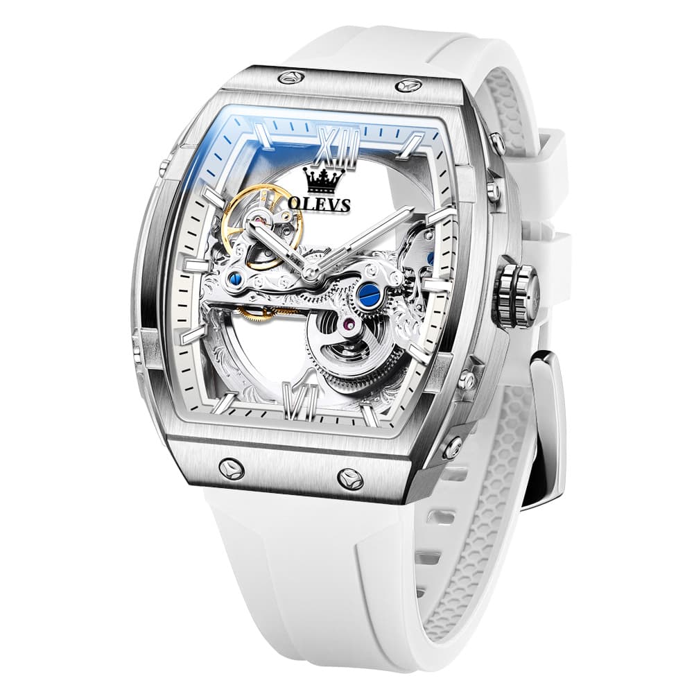 OLEVS 6779 Tonneau Skeleton Mechanical Watch for Men - Silver White Watch | Olevs Watch Store