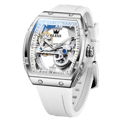 OLEVS 6779 Tonneau Skeleton Mechanical Watch for Men - Silver White Watch | Olevs Watch Store