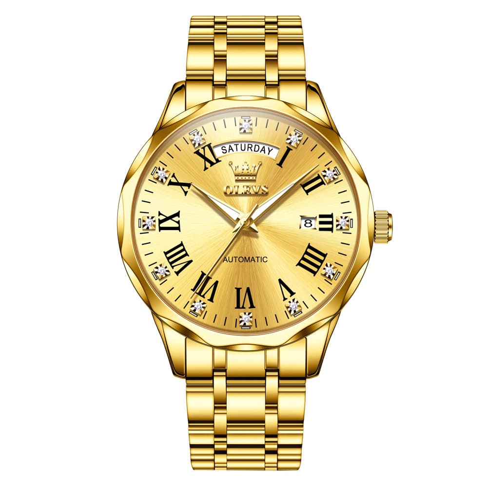 OLEVS 6780 Roman Numerals Day Date Mechanical Watch for Men - All Gold Watch | Olevs Watch Store