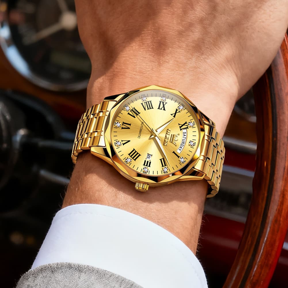 OLEVS 6780 Roman Numerals Day Date Mechanical Watch for Men - All Gold Watch | Olevs Watch Store