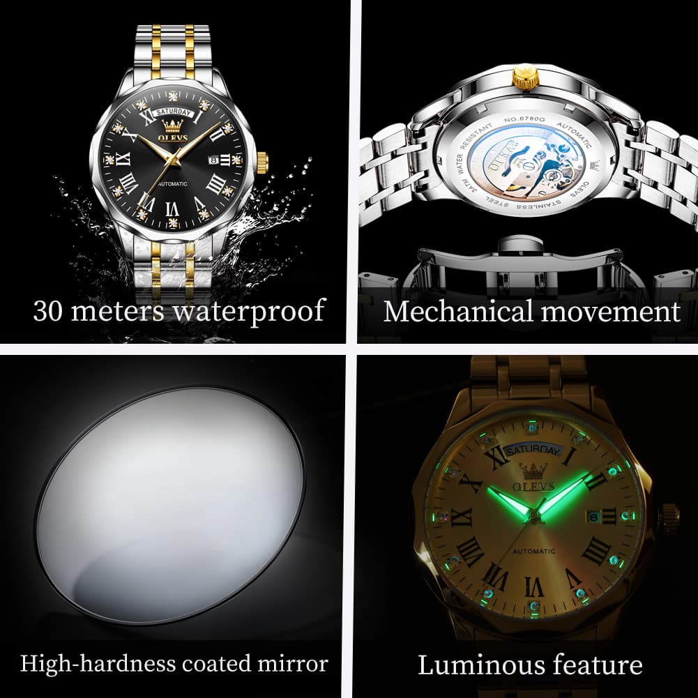 OLEVS 6780 Roman Numerals Day Date Mechanical Watch for Men - All Gold Watch | Olevs Watch Store
