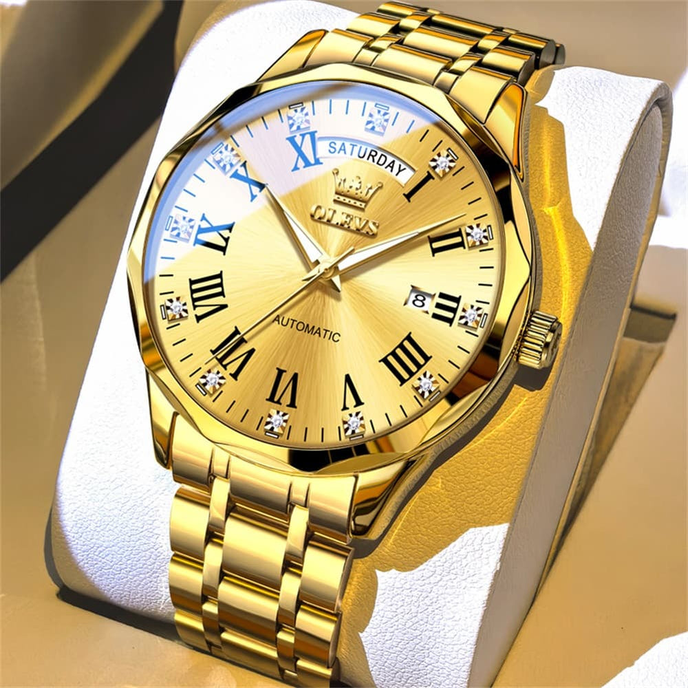 OLEVS 6780 Roman Numerals Day Date Mechanical Watch for Men - All Gold Watch | Olevs Watch Store